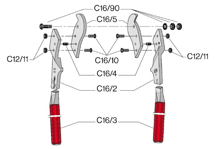 Boulon, rondelle, crou + contre-crou Felco C16 - C16/90, coupe cbles